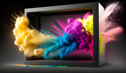 product display frame with colorful powder paint explosion
