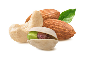 Cashew, almond, pistachio in shell and green leaf isolated on white background