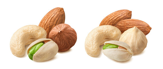 Cashew, almond, pistachio and peeled hazelnut nut set isolated on white background.