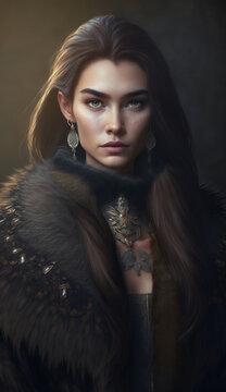 Glamorous portrait of a beautiful girl, princess of the north in furs. Princesses and queens of different nations and times. Created using generative artificial intelligence.
