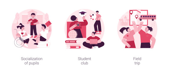 School environment abstract concept vector illustration set. Socialization of pupils, student club, field trip, after-school activity, college association, social interaction abstract metaphor.