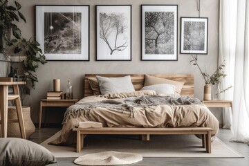 Wooden tables adjacent to a brown and white bed in a room with posters that is naturally decorated. real picture. Generative AI