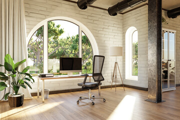 comfortable workplace with pc workstation standing in front of large arched windows; landscape view; bright sunlight shines through window; remote work freelance concept; 3D Illustration