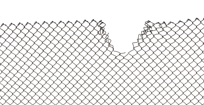The texture of the metal mesh on a white background. Torn steel, metal mesh with holes