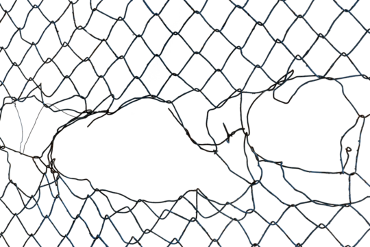 The texture of the metal mesh on a white background. Torn steel, metal mesh with holes