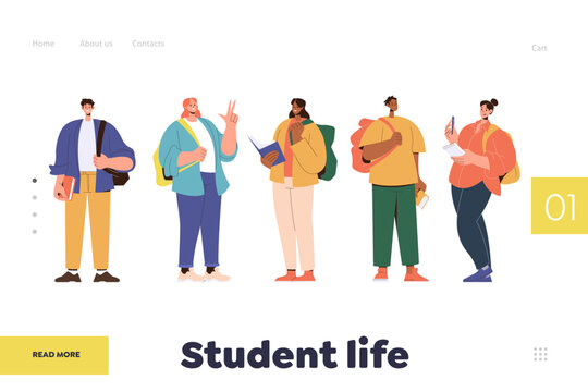Happy multicultural student with backpack university or college student life landing page template