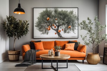 An olive tree in a container and an orange pillow on the sofa can be seen in this stylish living room's décor. Generative AI