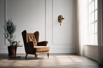 Interior de una vivienda con un elegante sillón, pared vacía en el fondo y algunos elementos de decoración, estilo minimalista. IA generative