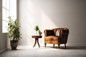 Fototapeta na wymiar Interior de una vivienda con un elegante sillón, pared vacía en el fondo y algunos elementos de decoración, estilo minimalista. IA generative