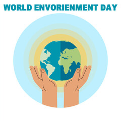 World Envorienment Day. Save planet. Hands holding globe, earth. Earth day concept. Globe with green plant sprout. Planet with world ocean continents. Symbol of caring for nature, environment ecology