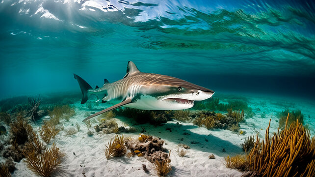 Tiburón tigre nadando en arrecife
