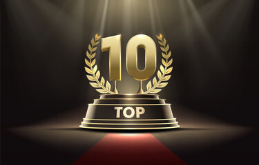 Top 10 best podium award sign, golden object. Vector