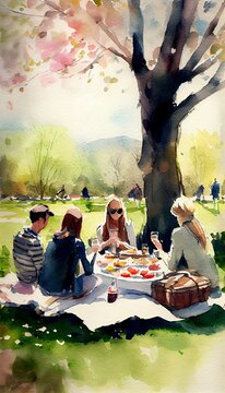 Illustration of a family having a picnic in the park. Ai Generative Art.