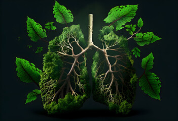 Human lungs made with trees and smoke, climate change conceptual image