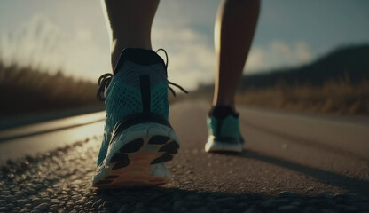 Female legs of runner at start on road close-up. achieving goals and plans, success in startup - obrazy, fototapety, plakaty