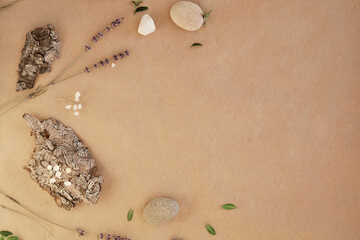 natural sustainable background concept with pebbles and tree bark with copy space