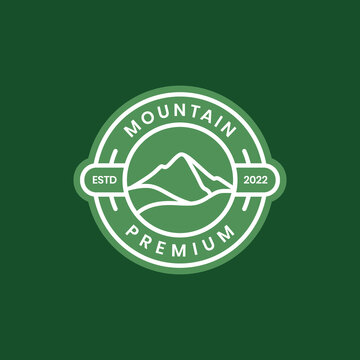 mountain peak hill hill outdoor hiking adventure circle line badge modern logo design vector