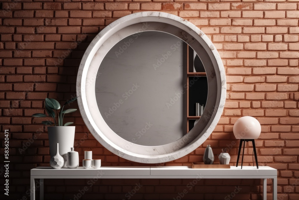 Aufkleber above a shelf, a round white empty frame for a photograph or mirror is used. realistic shadows with 