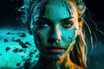Close-up woman in underwater with blue background. Fictional person created with Generative AI