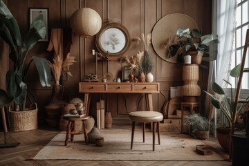 Fototapeta na wymiar Elegant personal accessories and a stylish environment with a wooden toilet, stool, tropical leaf in a vase, carpet, and other unusual decorations. Stylish living room in a historic home. Generative