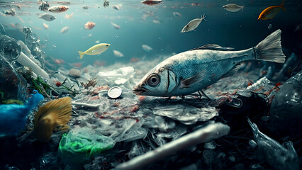 Fish habitat polluted by plastic waste. Fish harm by plastic pollution in the sea. Generative AI