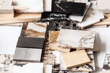 Fototapeta na wymiar top view, composition of interior finishing materials with samples of black cosmic quartzite stone, ash wood veneer, and white and beige grained quartz stone isolated on white background. Generative