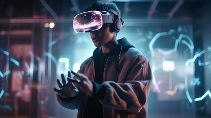 Fototapeta premium User immersed in augmented reality environment wearing a VR headset, seamlessly blending digital elements with physical world, experiencing innovative gaming and learning opportunities. Generative AI
