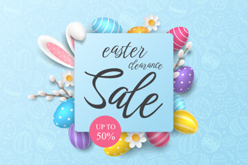 Vector horizontal sale banner with coloured eggs, willows, chamomiles and bunny’s fur ears on blue background. Festive template with pattern, place for text, symbols of Easter for promotional flyers.