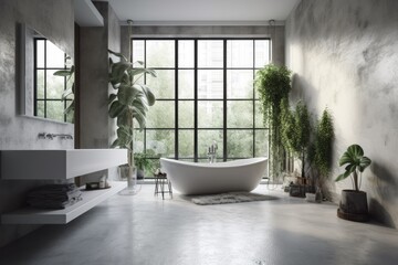 Interior of a loft bathroom with gray walls and a concrete floor. Near the window is an angular white tub. There is a potted plant close by. a mockup. Generative AI