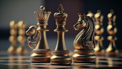 Chess piece on chessboard, competition success and strategy game play, design created with Generative Ai - 583622214