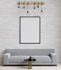 big white living room.loft interior design,gray sofa,lamp,metal table,carpet wall for mock up and copy space.