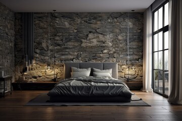 interior bedroom with a dark colored bedsheet and stone walls and a wooden floor, a man. Generative AI