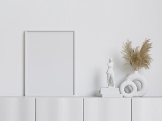 big white living room.interior design,white marble sideboard,vase decoration, frame for mock up and copy space.