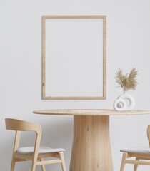 Dining room and kitchen,wooden table set copy space on white wall background,frame for mockup, front view