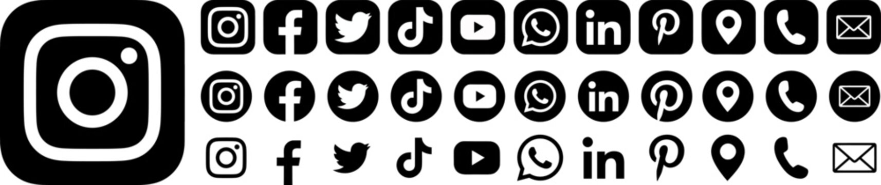 Social media icons. Instagram, Facebook, Twitter, TikTok, YouTube, WhatsApp contact black round, square network logo set. Vector editorial illustration
