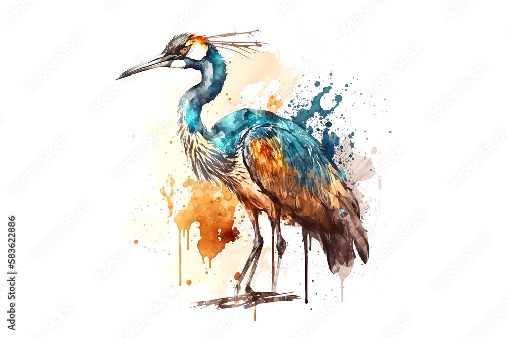 Poster crane painted with multi-colored watercolors isolated on a white background. generated by ai