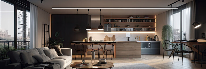 Interior of modern apartment panorama, generative ai