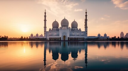 Abu Dhabi, UAE, Sheikh Zayed Grand Mosque in the Abu Dhabi, United Arab Emirates on a sunset view background. Generative AI - obrazy, fototapety, plakaty