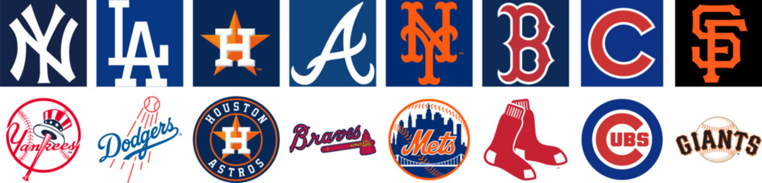 MLB teams logo set. Major League Baseball cap insignia, New York Yankees, Los Angeles Dodgers, Houston Astros, Atlanta Braves, Mets, Boston Red Sox. Vector editorial illustration