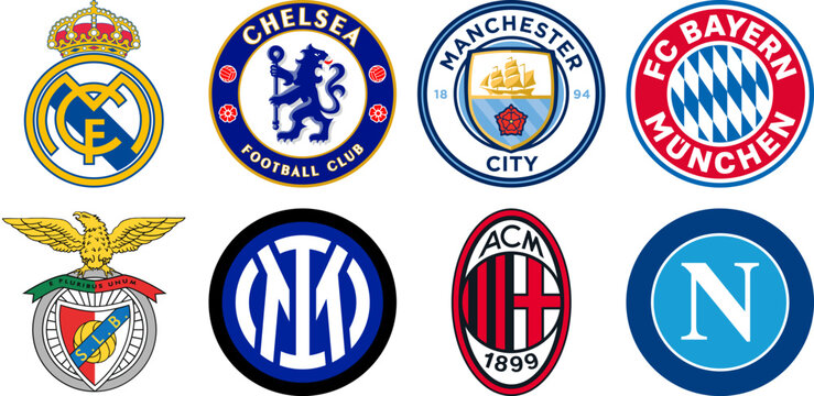 Champions League football teams logo set. Real Madrid CF, Chelsea, Manchester City FC, Bayern Munich, Benfica, Inter Milan, AC Milan, SSC Napoli. Vector editorial illustration