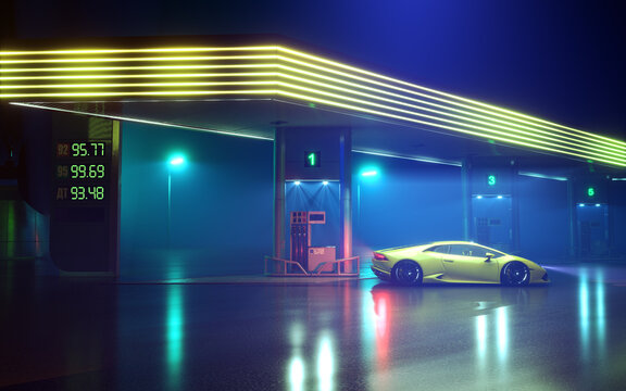 Gas Station in a Foggy Night with a Modern Car in Neon Lighting. 3D Rendering.