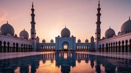 Poster Abu Dhabi, UAE, Sheikh Zayed Grand Mosque in the Abu Dhabi, United Arab Emirates on a sunset view background. Generative AI © Unionproject