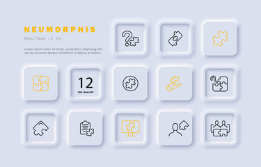 Puzzle set icon. Solving problems, puzzles, problems, clipboard, application development. Creative and innovative thinking. Motivation concept. Neomorphism style. Vector line icon for Business