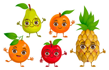 Set of cartoon fruit. Pear, apple, orange, pineapple, peach. With arms and legs. Vector graphic.