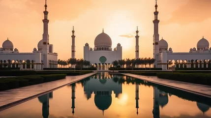 Fototapeten Abu Dhabi, UAE, Sheikh Zayed Grand Mosque in the Abu Dhabi, United Arab Emirates on a sunset view background. Generative AI © Unionproject