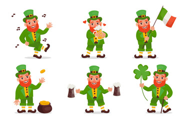 Cheerful Leprechaun, beer, the flag of Ireland, dancing and a festive mood. Happy Saint Patrick Day. Vector graphic. 