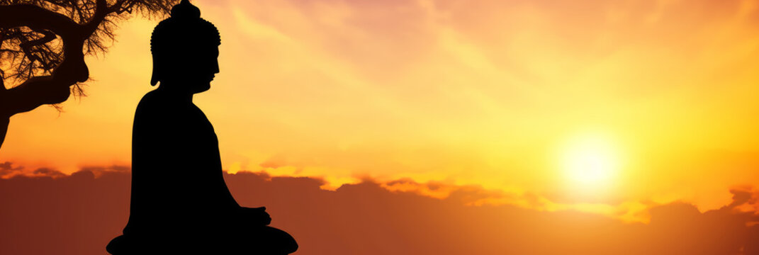 Silhouette of Buddha on golden sunset background. Generative AI