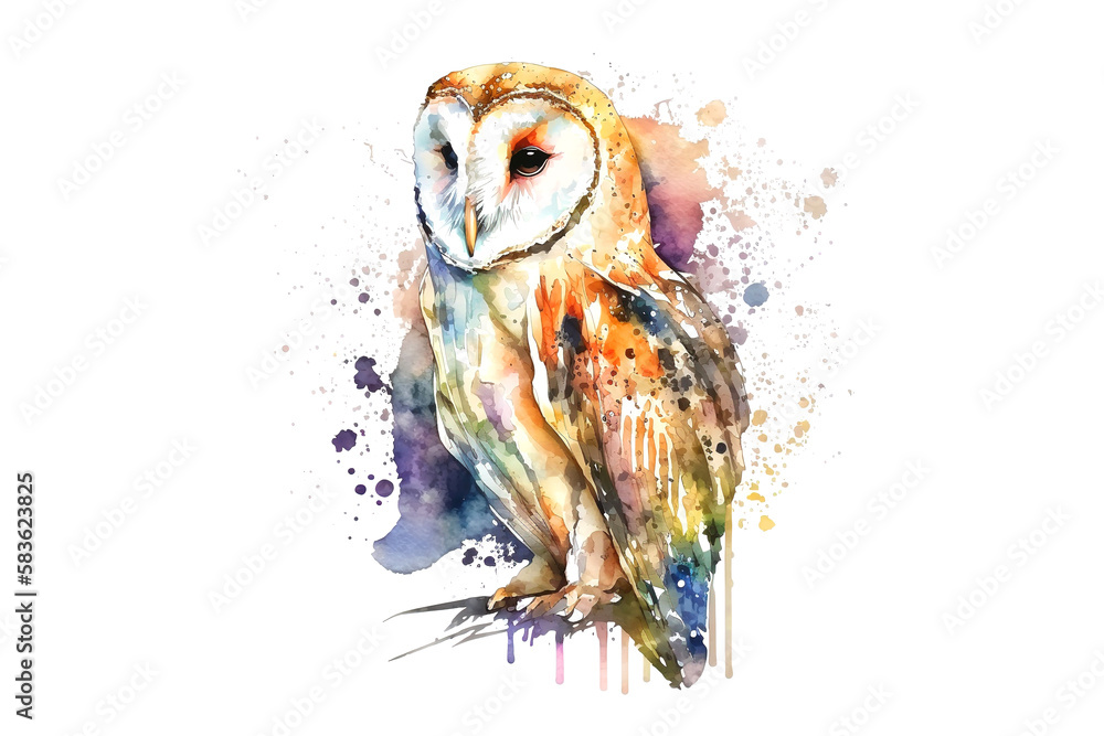 Poster owl drawn with multi-colored watercolors isolated on a white background. generated by ai