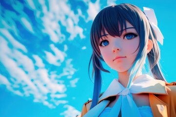 Portrait of a anime girl with blue background. Fictional person created with Generative AI