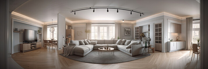 Interior of modern apartment panorama, generative ai